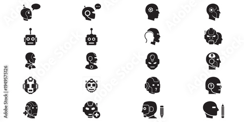 Artificial intelligence robot head icons set for chatbot and machine learning technology