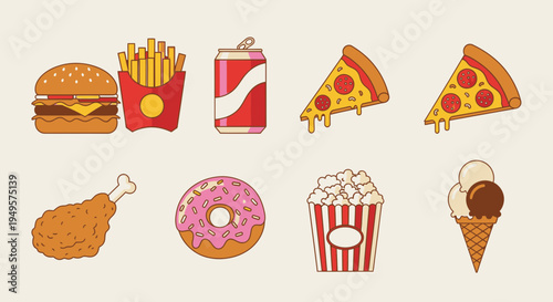 Colorful fast food icons on display 2.