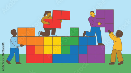Children Playing with Colorful Building Blocks.