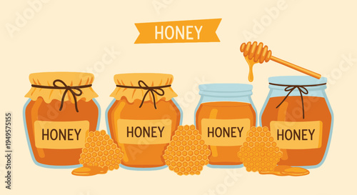 Four jars of golden honey.