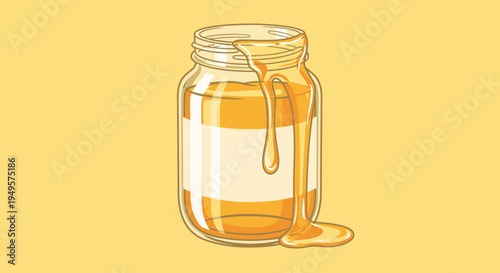 Glass jar with golden honey.