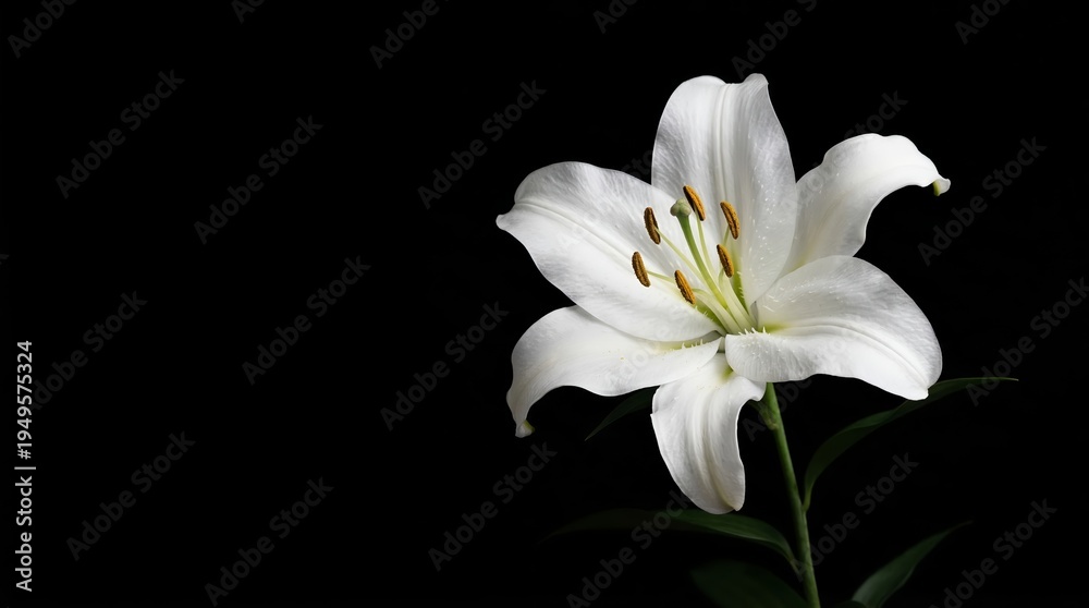 Fototapeta premium single white lily flower with detailed orange anthers on stem and green leaves against solid black background for elegant funeral condolence or wedding card design