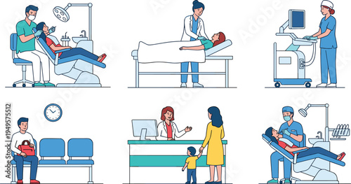Flat vector illustration of medical professionals providing healthcare services including dental checkup, ultrasound scan, patient examination, and hospital reception waiting area.