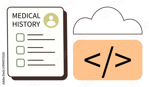 Digital health storage, medical records, database systems, cloud technology, healthcare IT, and data privacy. ion of a medical history document and a cloud symbol with coding brackets. Digital health