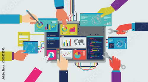 Multiple Hands Interacting with Digital Devices and Screens.