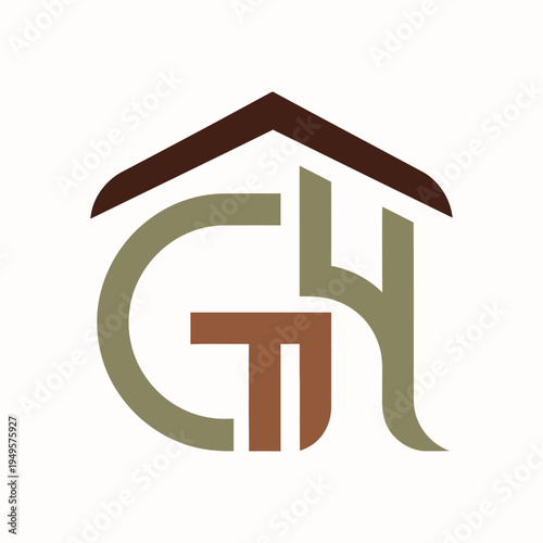 Interlocking letters GH symbol with house roof icon, abstract monogram for real estate or construction business, modern home logo design, architectural concept, earthy color palette