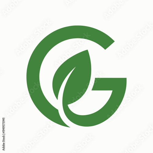 Letter G logo with green leaf inside, organic and natural brand identity symbol, environmental and eco friendly business emblem for healthy products