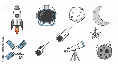 Space icons with rocket and telescope 6.