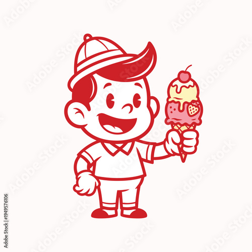 Retro cartoon boy holding ice cream cone with strawberry and cherry toppings, vintage character advertising dessert, cheerful child with sweet treat, stylized illustration