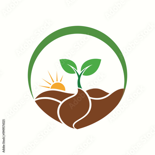 Seedling emerging from brown soil within green circle, bright sun and fertile land signify new beginnings, agriculture and hope concept