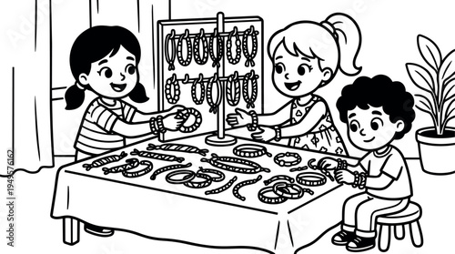 Black and white line art children playing with handmade bracelets on table indoor scene with plant and curtain background
