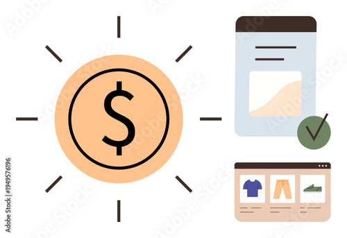 E-commerce, online payment, digital business, financial security, online shopping, secure transactions. Dollar sign with sunburst lines, checkmark and web pages. E-commerce and online payment