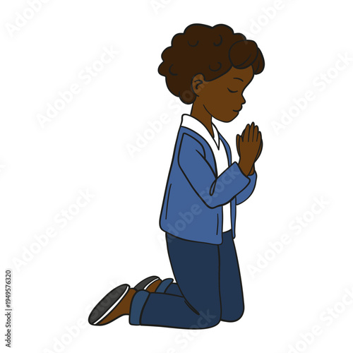 Hand-drawn illustration of praying boy. Emotional and spiritual character artwork faith, hope, gratitude, and devotion