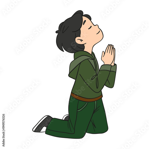 Hand-drawn illustration of praying boy. Emotional and spiritual character artwork faith, hope, gratitude, and devotion