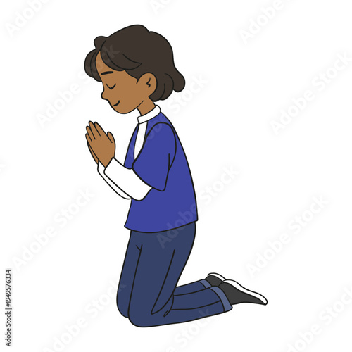 Hand-drawn illustration of praying boy. Emotional and spiritual character artwork faith, hope, gratitude, and devotion