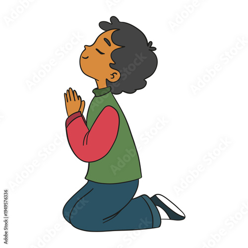 Hand-drawn illustration of praying boy. Emotional and spiritual character artwork faith, hope, gratitude, and devotion
