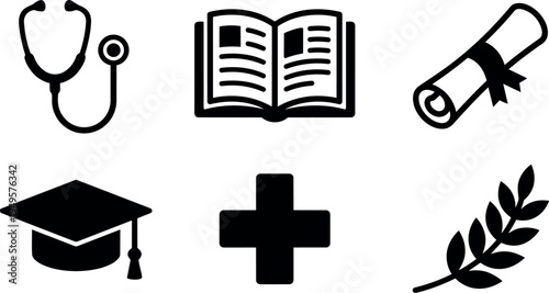 Minimalist black silhouette icons collection including stethoscope open book diploma cap medical cross and laurel branch set