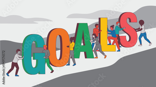 Colorful Goals Text with People Walking Towards Them.