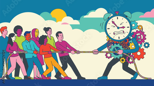 Team of People Tugging Rope with Robot in Tug of War.