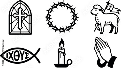 Black line art religious symbols including stained glass cross crown of thorns lamb flag ichthys fish candle with flame and praying hands vector icons
