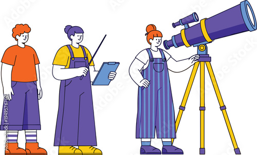 Cartoon-style astronomy activity with telescope, instructor, and observers in colorful outfits for science education and stargazing themes.