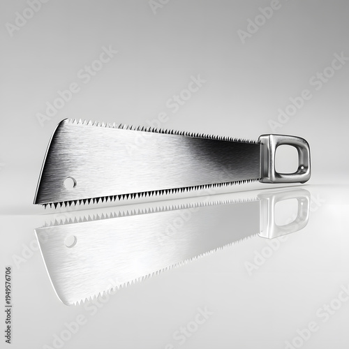 A black leather belt lies beside black and white paper and a paper clip with an old metal handsaw placed on a white background showing a sharp cutting tool used in carpentry