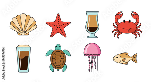 Ocean creatures and drinks vector illustration