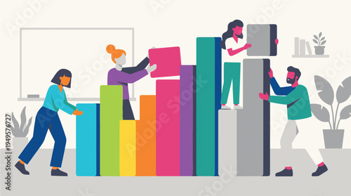 Team of Diverse People Building Bar Graph.
