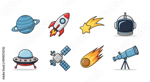 Space exploration icons on white background