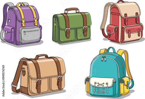 Cartoon-style backpacks and satchels in various colors and designs, ideal for travel, school, fashion, and gear illustrations.