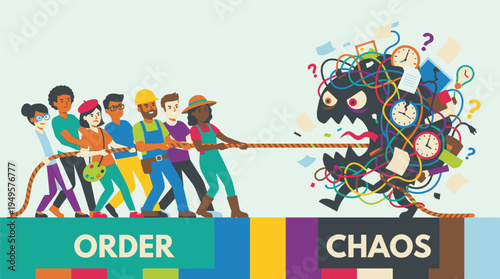 Team Struggling to Control Chaos Illustration.