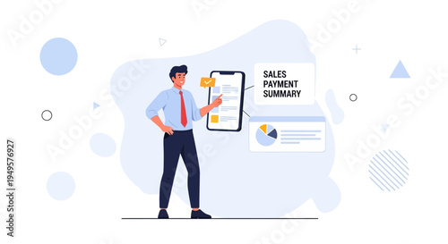 Businessman analyzing sales payment summary on smartphone with charts and data visualization