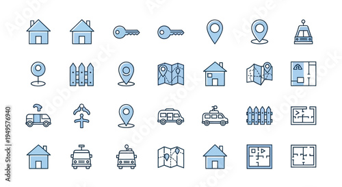 Real estate icons homes keys maps