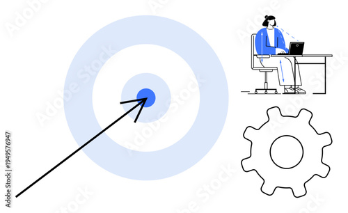 Target achievement concept. A bullseye, worker at desk and gear showcase productivity and goal setting. Target achievement drives success in business, strategy, planning, and workflow enhancements