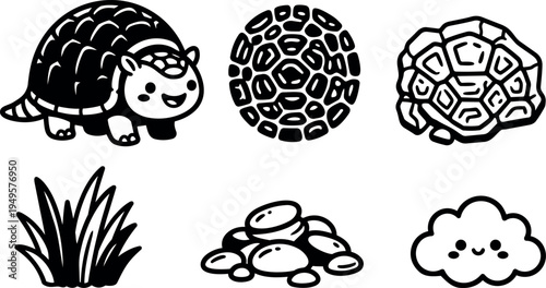 Cute smiling turtle with detailed shell patterns rocks grass and happy cloud cartoon style vector icons set