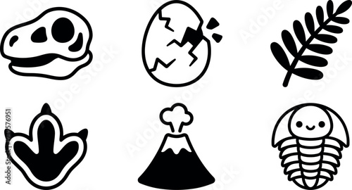 Black and white cartoon style dinosaur skull cracked egg fern leaf dinosaur footprint erupting volcano and trilobite vector icons