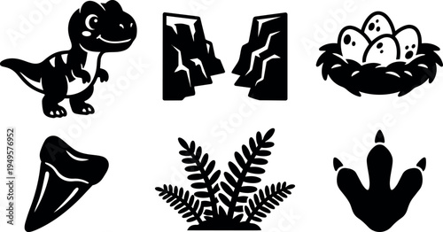Cute dinosaur standing near cracked rock cliff with nest of eggs fern leaves tooth and footprint vector icons