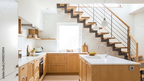 Modern kitchen and staircase design with light wood and white countertops