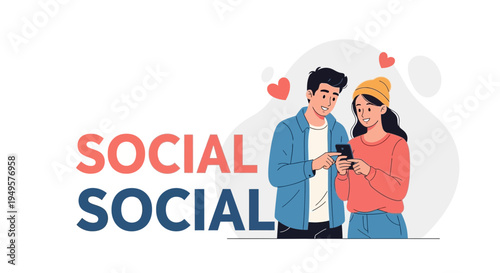 Young Couple Sharing a Smartphone, Social Media Connection, Love Hearts