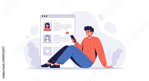 Man using smartphone for online dating, swiping profiles on dating app with heart icon