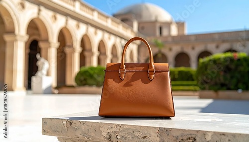 Elegant Brown Leather Handbag on Stone Ledge with Ornate Architecture Background.