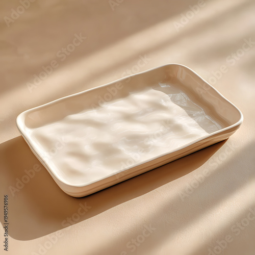Empty white plate on a wooden table isolated on white background with food packaging items nearby