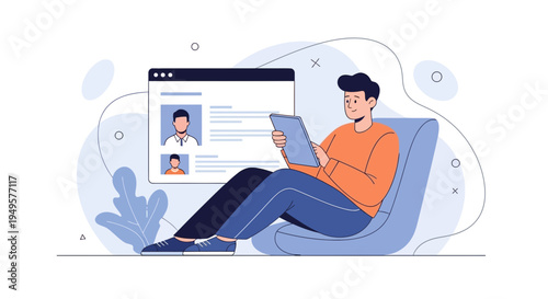 Man reading tablet on chair near computer screen with profiles