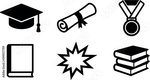 Flat design education icons including graduation cap diploma medal book starburst and stack of books vector art symbols