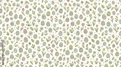Easter eggs and flowers scatter vector pattern with pastel colors on white background for spring designs