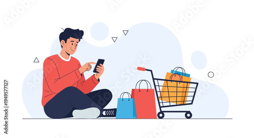 Man using smartphone for online shopping with shopping bags and cart