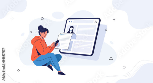 Woman using smartphone near digital profile on tablet screen, online job application concept