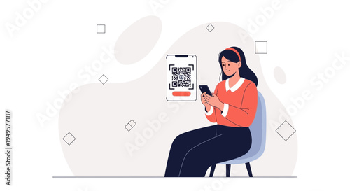 Woman scanning QR code on smartphone, digital payment, online shopping, technology concept