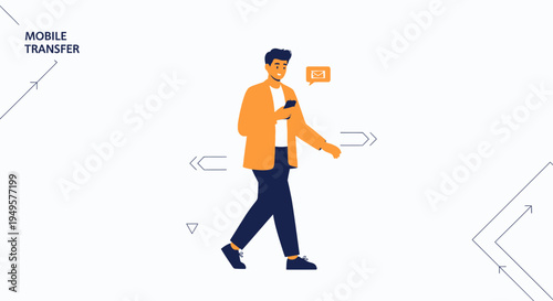 Man Walking with Smartphone, Mobile Transfer Notification Icon, Modern Illustration