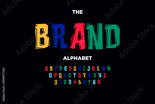 A visually striking graphic featuring 'The Brand Alphabet' with vibrant, multicolored letters and numbers on a sleek black background, ideal for design, advertising, and branding concepts.